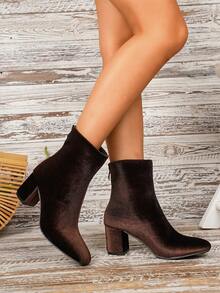 Black Velvet Square Toe Block Heel Ankle Booties Women Back Zipper Ankle Boots - Brown - View 4