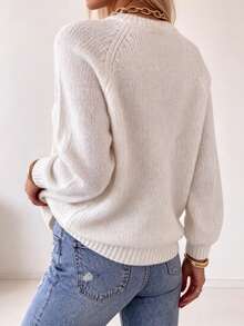 Plus Size Women's Cable Knit Hollow Textured Ribbed Cuff Raglan Long Sleeve Round Neck Short Loose Chunky Knit Pullover Sweater, Vintage Fall White - White - View 5