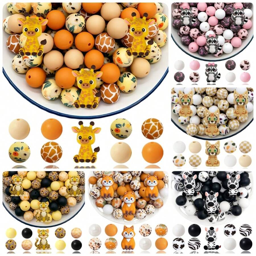 33PCS New 3D Animal Series Silicone Beads Set, Giraffe Leopard Zebra Duck Cat Shaped Design, Multiple Colors Round Beads, Suitable For Jewelry Making, Perfect For DIY Bracelets, Lanyards, Beaded Pen Accessories, Holiday Decorations And Other Handmade Crafts
