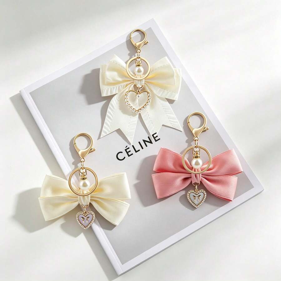 Sweet And Stylish Ribbon Bow Keychain Faux Pearl Keychain, Metal Accessory Clasp Women's Pearl Chain Bag Charm Valentine's Day Diy Gift Jewelry