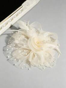 1pc Women's Tea Party Fascinator Headband Kentucky Derby Hat Flower Mesh Headpiece Hair Clip For Wedding - Beige - View 4