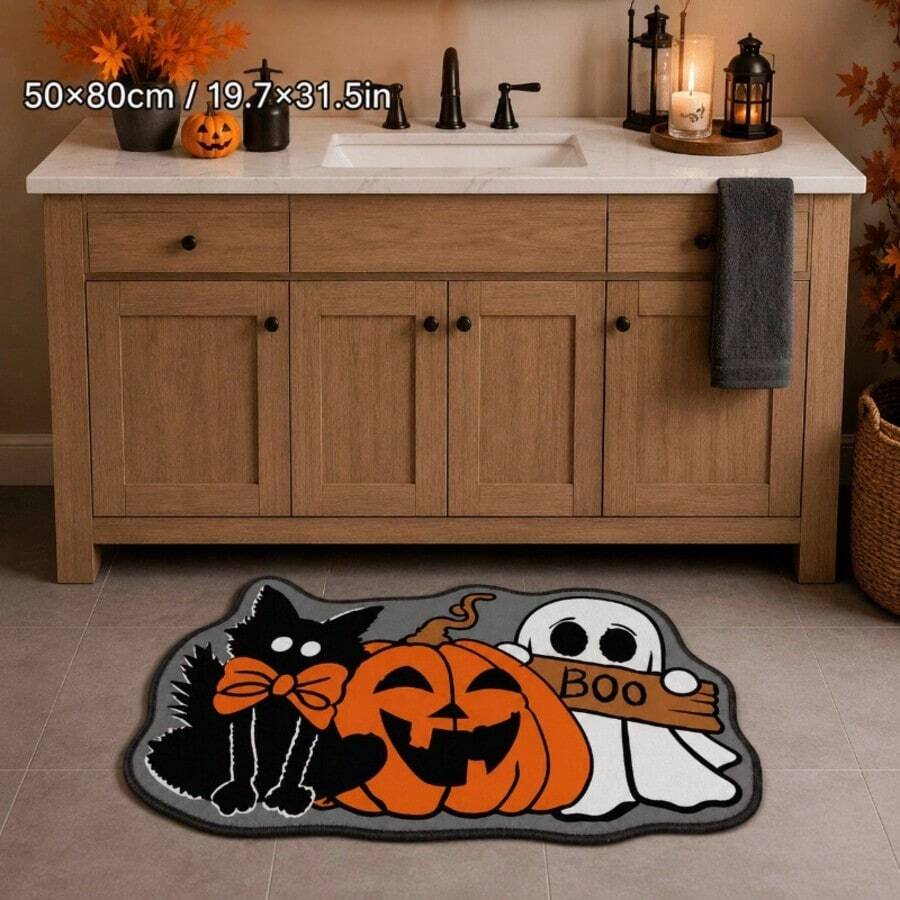 1pc Halloween Black Cat Pumpkin Alien Shaped Doormat, Soft Cute Black Cat, Quirky Pumpkin And Adorable Ghost Combination Design, Instantly Creating Halloween Atmosphere, Perfect For Fun Holiday Entryway Corner. Suitable For Decorative Rug, Bedroom Decor, Small Rug, Carpet, Home Decor, Living Room Rug, Living Room Small Rug, Bedroom Rug, Living Room Home Decor, Outdoor Rug, Washable Rug - Multicolor - View 1