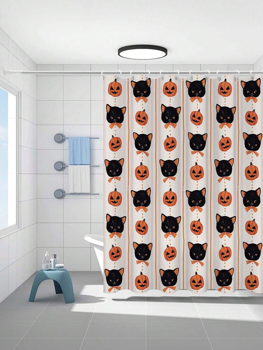 1pc Black Cat Pumpkin Halloween Pattern Waterproof Shower Curtain With Vertical Stripes, Suitable For Bathroom Partition Curtain With Hooks, Home Bathroom Decor Curtain, All Season Universal Shower Curtain - Multicolor - View 1