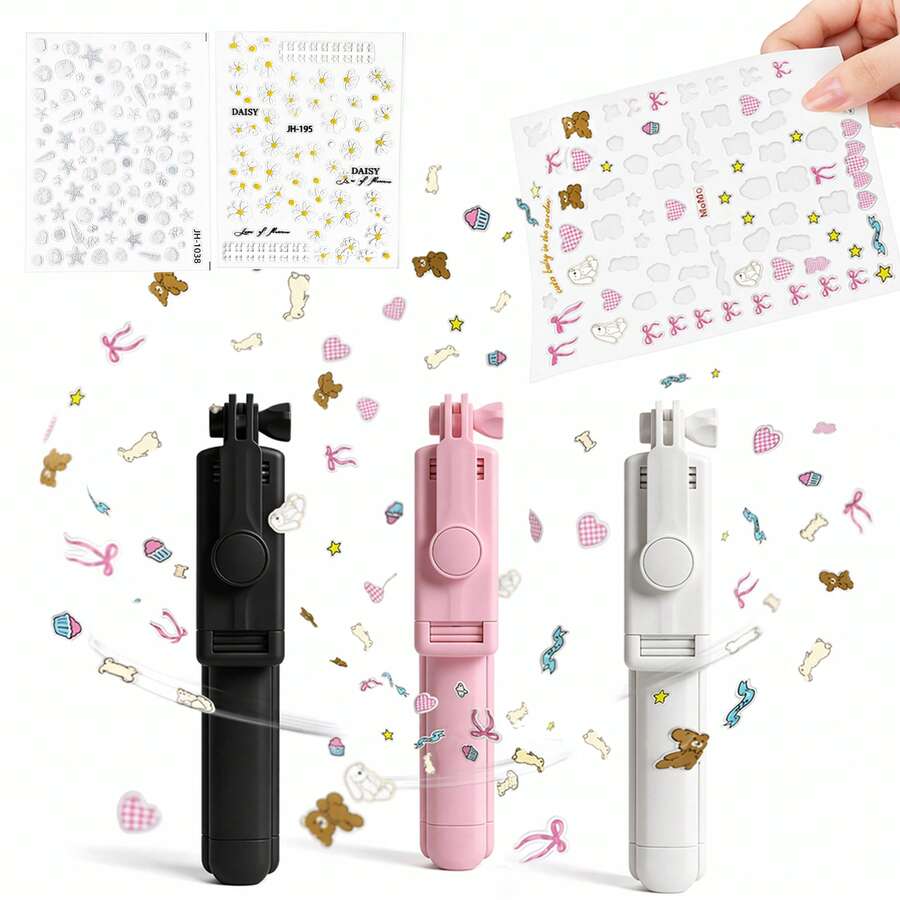 Borriig 1pc DIY Cute Sticker Selfie Stick With Wireless Remote, 68cm/26.7in Extendable & Foldable Phone Tripod, Suitable For Teenage Girls Travel Vlog - 68cm/26.7in Selfie Stick - View 1