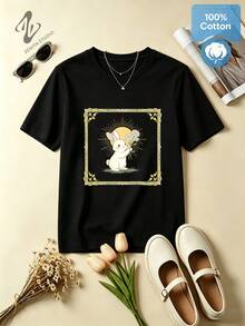 Daisy Rabbit Cozy Healing Pastoral Fairytale Pure Cotton Daisy Rabbit Illustration Print Women's Short Sleeve Daily Casual SpringSummer - 黑色 - 查看 2