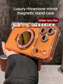 Apple 17/17 Pro Max Phone Case Luxury Rhinestone Sequin Kickstand Phone Case - Apple 15 Pro Max Phone Case With Sequin And Makeup Mirror Ring Kickstand High Quality Shockproof Frame Back Shell Suitable For IPhone 17/16/15/14/13/12/11/Max/Pro/Plus Rhinestone Lens Protection Electroplated Anti-Drop Phone Case Suitable For Women Spring Gift Party Birthday Gift - Orange - View 6