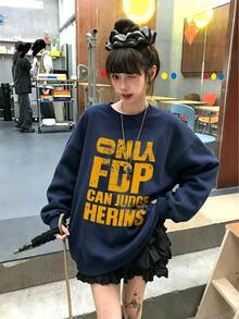 女款圓領運動衫，秋冬新款字母印花，休閒百搭寬鬆上衣，時尚日常穿搭 - 藏藍 - 查看 7