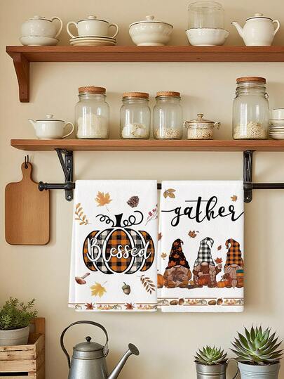 2Pcs Autumn Watercolor Pumpkin Farmhouse Kitchen Towels, Buffalo Check Maple Truck Dwarf Pine Cone Thanksgiving Farm Decoration Dishcloth Holiday Party Supplies Handkerchiefs Suitable For Kitchen Dining Room Table