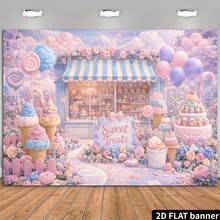2d Plane Dream Dessert Shop Theme Background Cloth, Macaroon Style, With Lollipop Ice Cream Cake Flowers Balloon Cloud Design, Durable Polyester Material, No Power Supply. - 1 - View 8