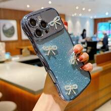 Luxury Cute Glitter Rhinestone Bow Camera Protection Phone Case Compatible With Iphone 17 Pro Max 17 Pro 17 16 Pro Max 16 Pro 16 15 Pro Max 15 Pro 15 14 13 17 Air Girls Women Wavy Edge Soft Shell Gift - Blue - View 2