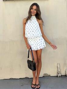 Women's Pleated Waist Sheer Mesh Ruffle Mini Dress Summer Casual Halter Neck High Neck Bodycon Short Dress Self-Tie Backless Sundress Party Clubwear - F210809-白色 - 查看 3