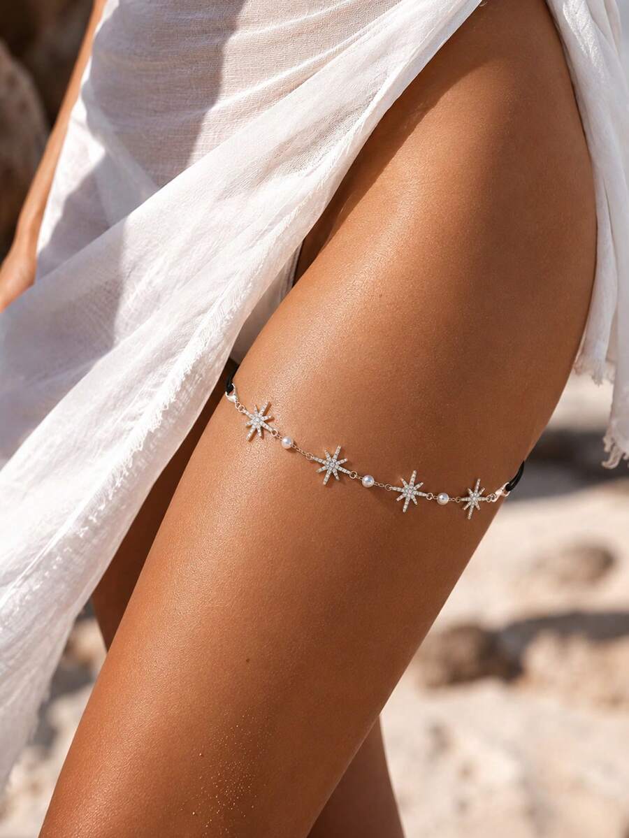 1pc Heart-Shaped Rhinestone Embellished Sexy Leg Chain, Suitable For Valentine's Day, Nightclub Outfit Body Chain - Silver - View 1