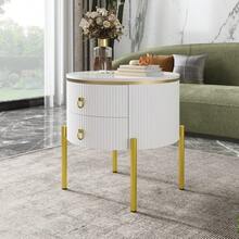 Side Table, Coffee Table With Drawers, Marble Texture, Gold Legs And Handles, Adjustable - White - View 3