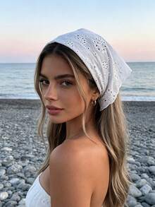 1pc Pure White Hollow Embroidery Triangle Headscarf With Various Floral Perforated Embroidery Patterns, Can Be Tied Into A Bow, Mori Style French Countryside Gentle Atmosphere Headpiece - Multicolor - View 1