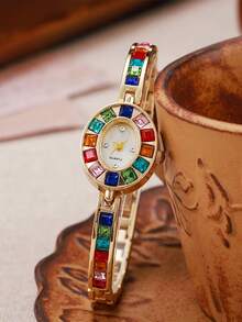 Reloj de mujer ovalado con strass de colores, brazalete de tono dorado con gemas arcoíris, reloj de cuarzo, regalo de cumpleaños, Navidad, Día de San Valentín, aniversario para ella - Dorado - Ver 4