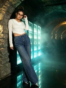 Celana Jeans Denim Wanita Ukuran Besar Pinggang Tinggi dengan Hiasan Rhinestone, Potongan Lurus, Warna Gelap, Gaya Pesta Kasual Mengkilap untuk Musim Gugur - Medium Wash - View 11