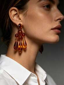 Red Water Drop Tassel Earrings, Vintage Bohemian Exaggerated Drop Earrings, Dopamine Aesthetic, Elegant Socialite Party Wedding Ear Jewelry, Niche Design Stud Earrings - Brown - View 7