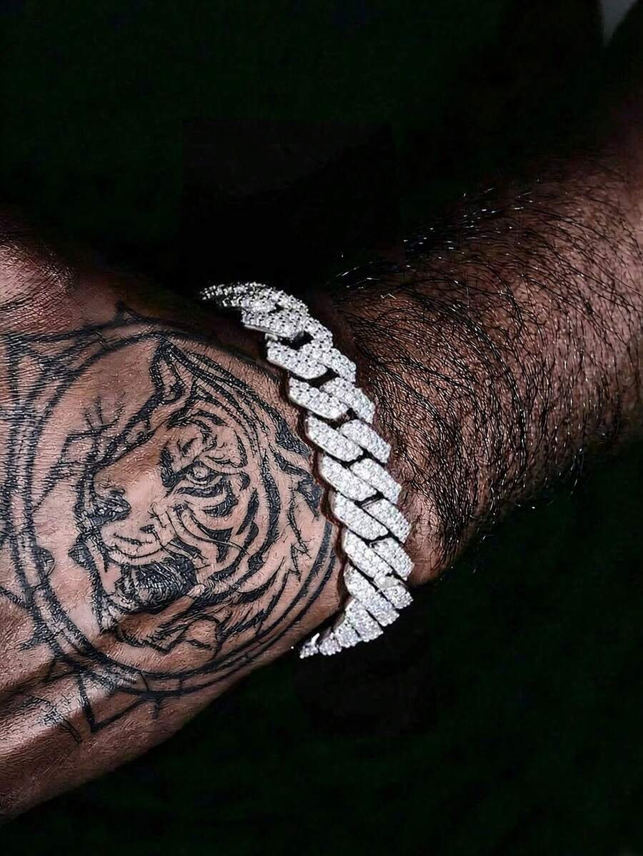 1pc Men's Hip Hop Fully Iced Out Diamond Shaped Cuban Link Bracelet, Adjustable Cuban Anklet Bracelet, Stylish Street Jewelry For Men - Diamond Cuban Chain - View 1