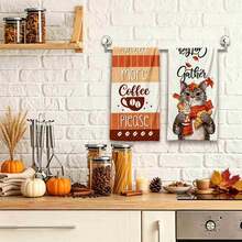 2/4/48pcs Autumn Series Cat Coffee Pattern Printed Kitchen Towels - Ultra Soft, Highly Absorbent Polyester Dish & Hand Towels, Perfect For Holiday Decor, Kitchen Decor, Party Decor. - Multicolor - View 3