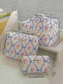 Sweet Pink Rose Blue Bow Lattice Pattern Quilted Cosmetic Bag, Portable Handheld Large Capacity Travel Makeup Organizer, Fashion Zipper Toiletry Storage Bag For Daily Trip Vacation - Multicolor - View 5