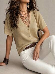 Women's Casual Elegant V-Neck Flared Sleeve Button-Front Short Sleeve Cardigan, Beach Party Outing Summer - Gold - View 8