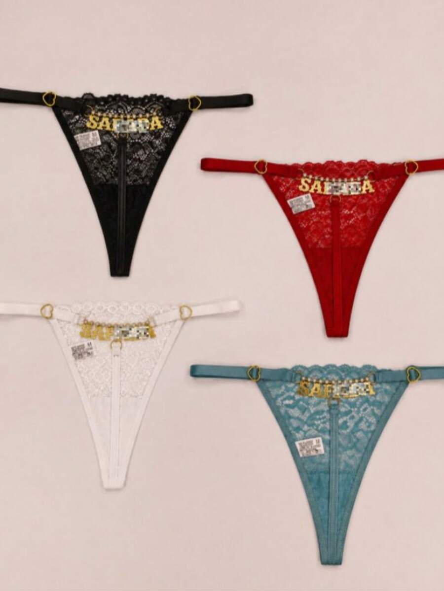 Calcinha Fio Cheiroso Sensual Com Joia Palavra Strass S.*.F.*.D.* lingerie Moda Íntima - Branco - Visão 1