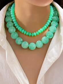 1/2pcs Blue Resin Bead Layered Necklace, Round Marble Bead Stackable Necklace, Layered Jewelry, Suitable For Women's Beach And Daily Wear - Multicolor - View 8