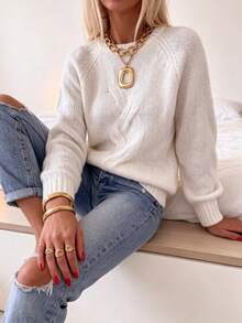 Plus Size Women's Cable Knit Hollow Textured Ribbed Cuff Raglan Long Sleeve Round Neck Short Loose Chunky Knit Pullover Sweater, Vintage Fall White - White - View 4