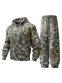 Men's Spring/Autumn Camouflage Hoodie Sweatshirt And Long Pants Casual Fashion Set, Suitable For Daily Commute And Vacation - Grey - View 2