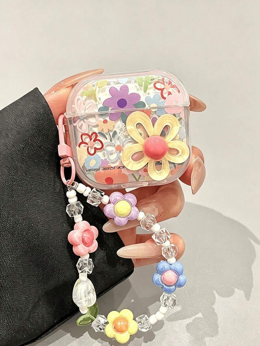 Cute Colorful Flower Earphone Protective Case, Transparent Anti-Drop Protective Shell, With Flower Bead Lanyard, Compatible With Pods 1/2/3/Pro/Pro 2