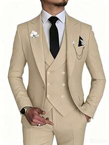 WindsorQuad Bộ vest nam 3 món thanh lịch, màu trơn dáng ôm, gồm áo vest cưới, gilet hai hàng khuy và quần tây, bộ vest công sở trang trọng cho tiệc và dạ hội - Rượu sâm banh - Xem 1