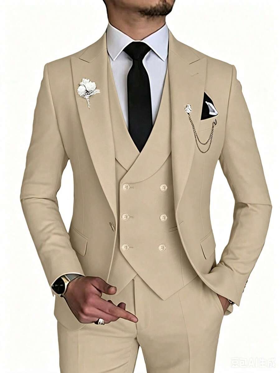 WindsorQuad Bộ vest nam 3 món thanh lịch, màu trơn dáng ôm, gồm áo vest cưới, gilet hai hàng khuy và quần tây, bộ vest công sở trang trọng cho tiệc và dạ hội - Rượu sâm banh - Xem 1