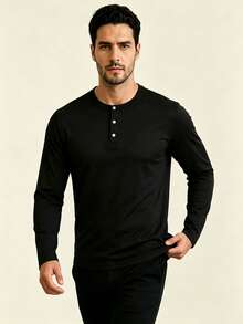 AHTELB Men's Spring/Autumn Henley Collar Long Sleeve Base Layer, 3-Button Half-Placket Design, Versatile Casual Top For Layering Sports Black - Black - View 4