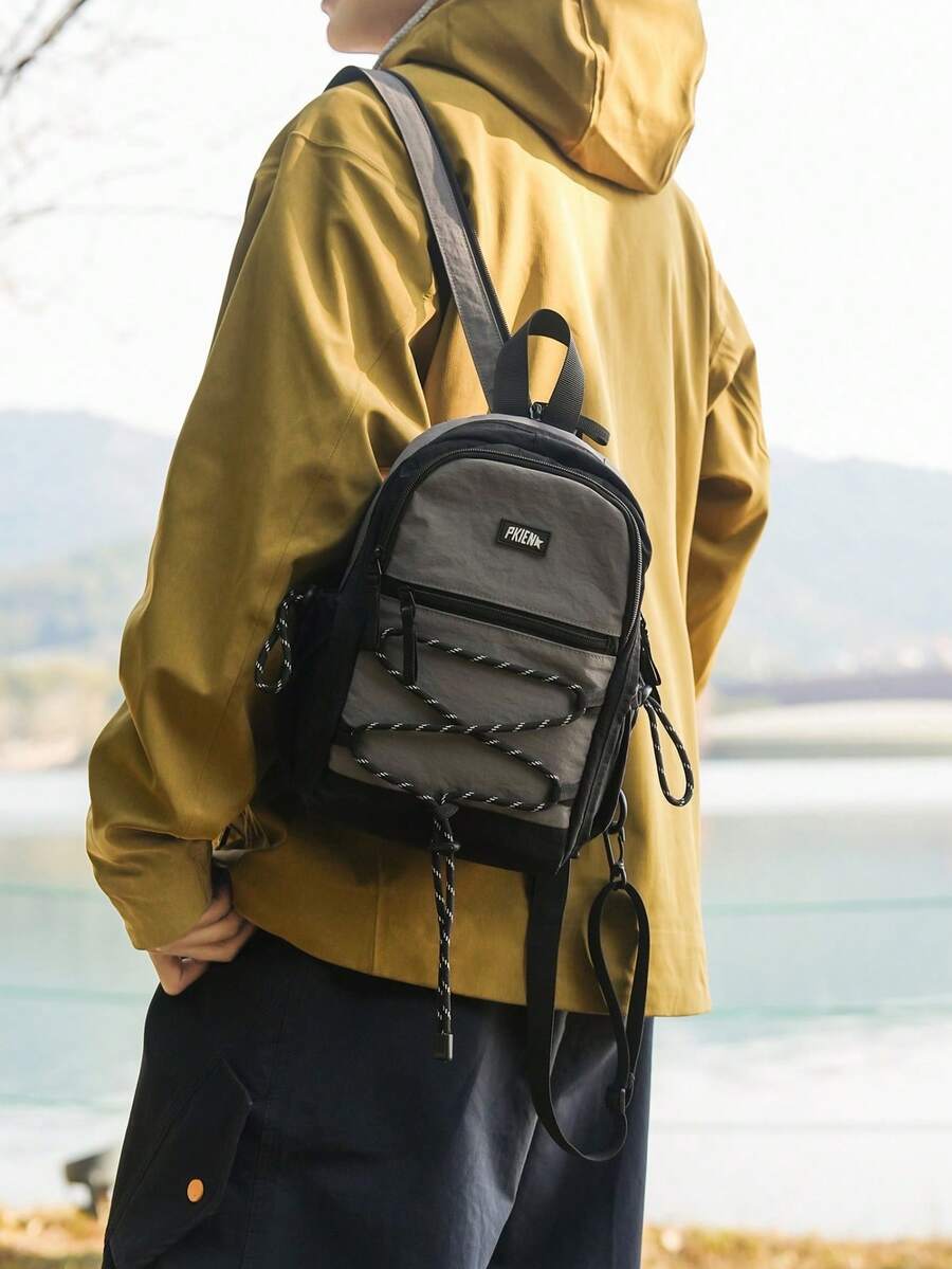 Mochila de Senderismo Mini Unisex, Mochila de Día Pequeña para Exteriores con Bloques de Color y Decoración de Cuerda Elástica, Correas de Hombro Acolchadas Ajustables - Multicolor - Ver 1