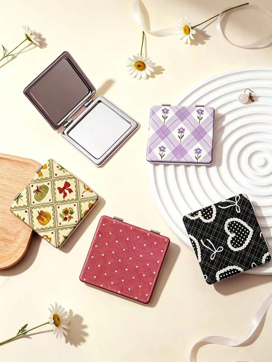 1 pieza Espejo de maquillaje plegable portátil de la serie Y2K, ligero, ultrafino, práctico y duradero de cuero PU, adecuado para diversas ocasiones, viajes, fiestas, trabajo, escuela, apto para todas las edades - Multicolor - Ver 1