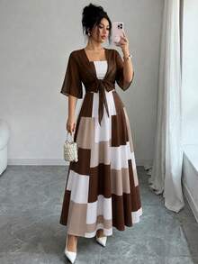 Set Gaun Elegan 2 Potong, Gaun Elegan Motif Kotak-kotak + Atasan Kardigan, Pakaian Sehari-hari Musim Panas - Coffee Brown - View 6