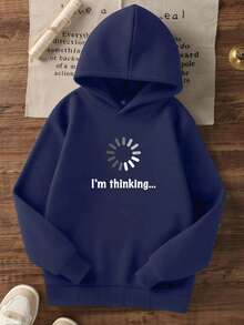 Boys Fun Loading Print Hooded Sweatshirt, Loose Fit Long Sleeve Casual Top - Navy Blue - View 3