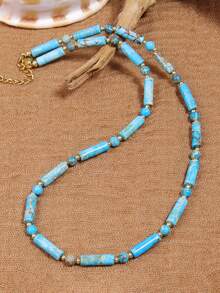 Natural Turquoise Bead Necklace - Symbol Of & Wisdom, Luck, Unique Design Bohemia Elegant Jewelry For Daily Chic Perfect Gift Birthdays/Anniversaries - Baby Blue - View 9