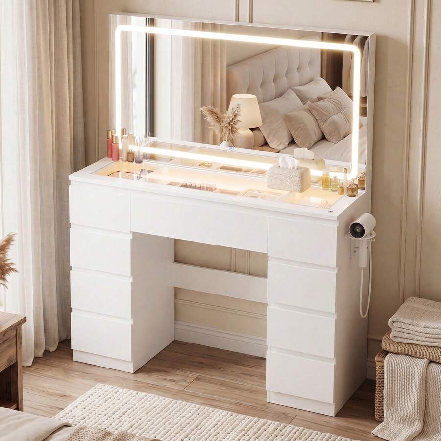 Devoko Modern Vanity Table With Extra Large LED Mirror, 3 Light Colors And Dimmable Brightness, Dressing Table With Glass Top, 9 Drawers, Power Strip And Hair Dryer Holder, White/Black - 查看 1