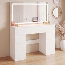 Devoko Modern Vanity Table With Extra Large LED Mirror, 3 Light Colors And Dimmable Brightness, Dressing Table With Glass Top, 9 Drawers, Power Strip And Hair Dryer Holder, White/Black - 查看 3