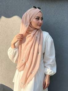 1pc Floral Embroidered Chiffon Hijab Scarf, 70x170cm, Muslim Lightweight Breathable Shawl, Multi-Color Options - Multicolor - View 14