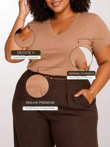 Kit 3 Blusas Feminina Plus Size Decote V Manga Curta Malha Premium Básica Casual - H00 - Multicolorido - Visão 9