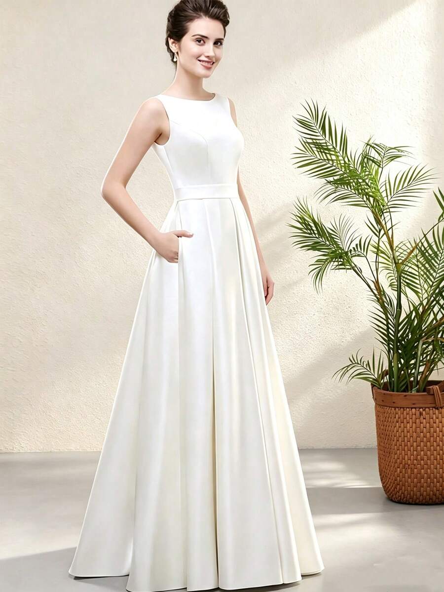 Long Satin Formal Dress, White Round Neck Backless Tie Prom Dress With Pockets,Gown Spring Fall - Beige - View 1