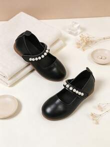Girls' Pearl Decor Mary Jane Flat Shoes, Soft Faux Leather Non-Slip Cowhide Sole Dress Shoes, Suitable For Toddlers And Young Children, School, Party, Daily Wear - Black - View 7