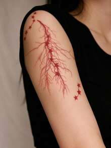 STARTTOOS Halloween Red Star & Vein Pattern Face, Arm, Shoulder, Neck Waterproof Temporary Tattoo Stickers, 1pc/Pack, DIY Party Gift For Music Festival - Red - View 3