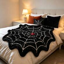 Spider Web Design Halloween Throw Pillow Blanket, Black Plush Soft Round Spider Web Blanket With Red Spider Pattern, Ultra Soft Comfortable Novelty Fluffy Blanket, Suitable For Bedroom, Sofa Bed Use, Gothic Halloween Home Decor Blanket - Multicolor - View 8