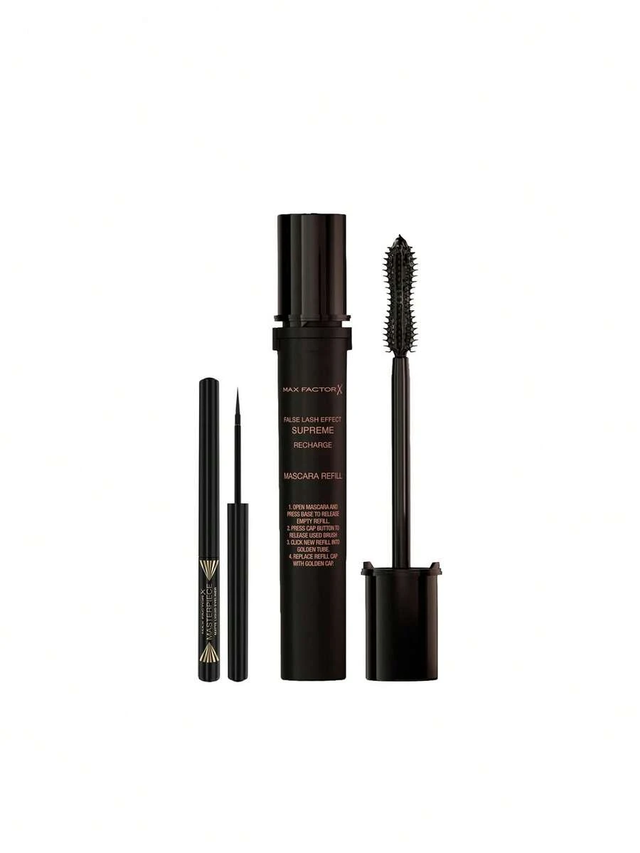 Max Factor [حزمة] آيلاينر سائل مطفي مقاوم للماء Masterpiece 01 أسود 1.7 مل + ماسكارا Supreme Recharge بتأثير الرموش الاصطناعية أسود (عبوة إعادة تعبئة) 9 مل - 01 أسود+أسود - مشاهدة 1