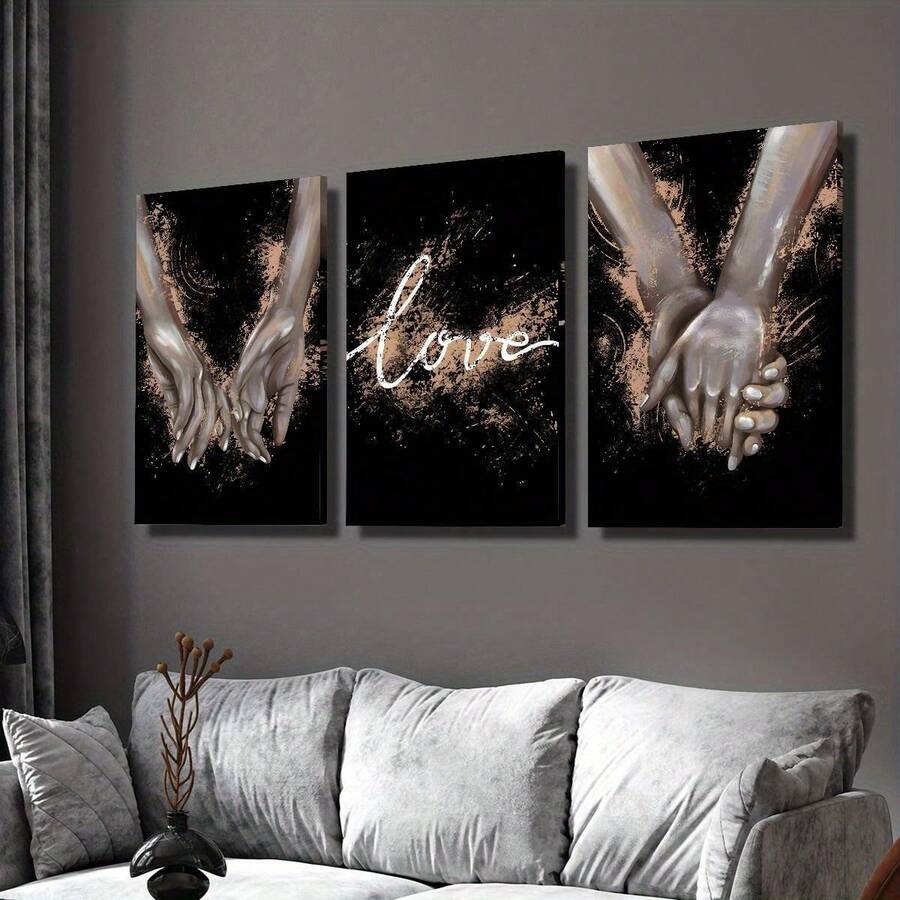 3pcs Canvas Wrapped Framed Art, Black Background Holding Hands Art, Romantic Couple Print, Love Poster, Valentine's Day Decor Art, Room Decoration, Holiday Gift, Love Wall Art, Suitable For Home Wall Decor - A - View 1
