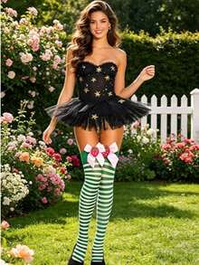 1 pieza Medias de rayas de nylon decorativas para fiesta de cosplay de Halloween para mujer, calcetines de algodón novedosos por encima de la rodilla, calentadores de piernas para estilo de disfraz de festival - Multicolor - Ver 11