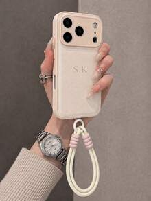 Personalized Custom (2-Piece Set) Luxury Lychee Texture Letter Embossed Wrist Strap Phone Case, Luxury Minimalist Outdoor Portable Strap Lanyard Faux PU Leather Phone Case, Compatible With Apple 17 16 15 14 13 12 11 Pro Max 14 15 16 Plus 17 Air Hot Stamping Letters All-Inclusive Protective Cover Stylish Phone Cover DIY Gift, Phone Accessory - Orange - View 4